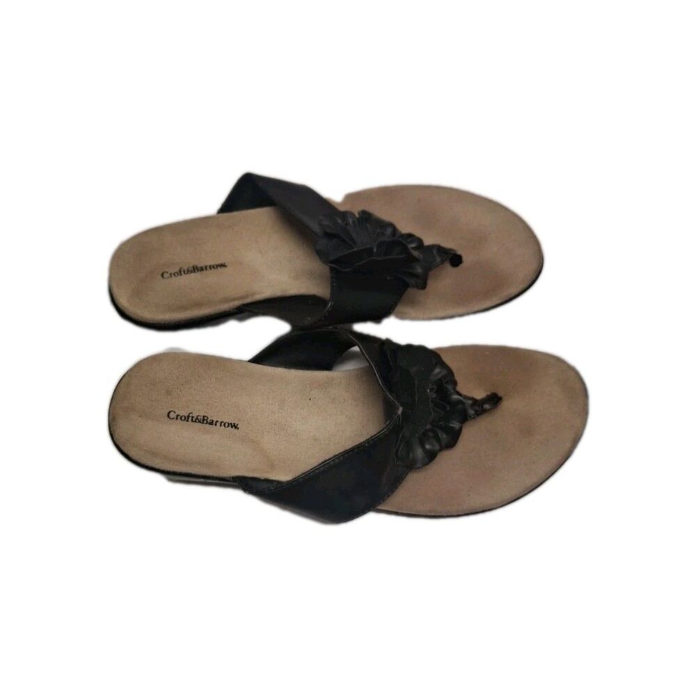 CROFT & BARROW THONG SLIDES, Black Hibiscus Strappy Sandals Ginny Slides 8M